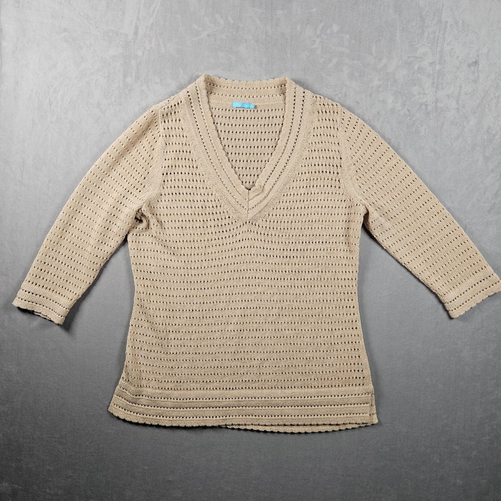 J.McLaughlin V-Neck Sweater Womens Large Beige 3/4 Sleeve Open Knit Cotton Blend